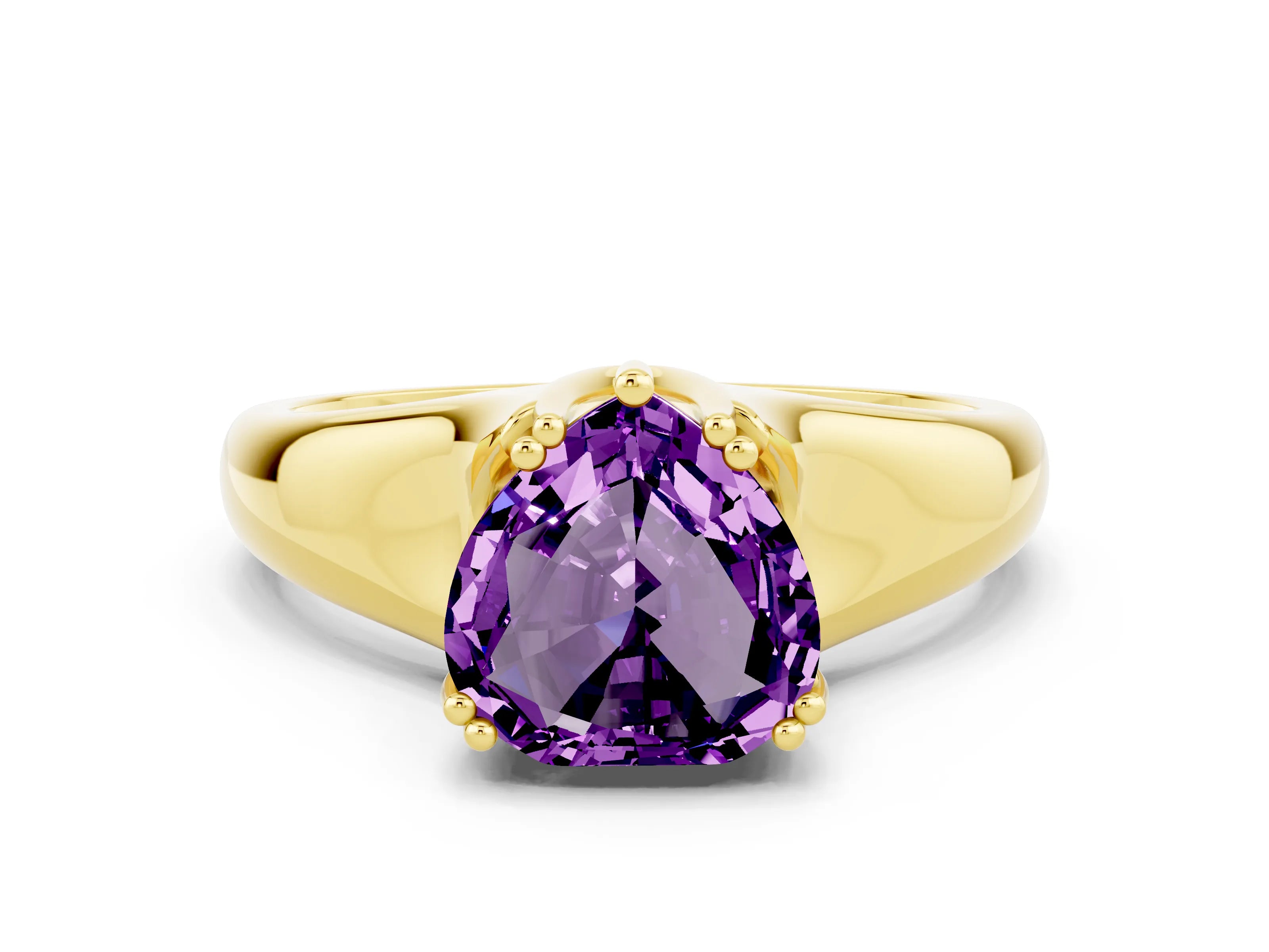 Yellow gold Heart Cut Amethyst Solitaire Ring with Wide Band and Prong Setting