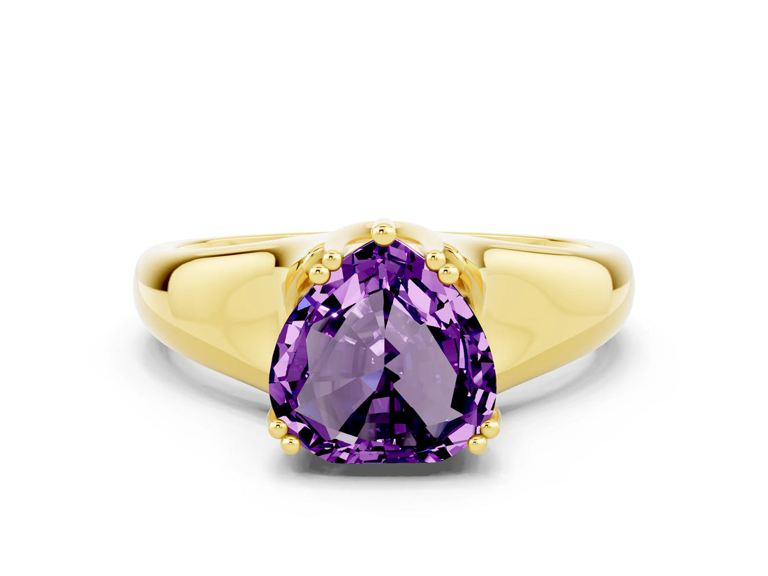 Yellow gold Heart Cut Amethyst Solitaire Ring with Wide Band and Prong Setting