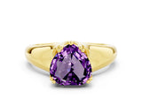 Yellow gold Heart Cut Amethyst Solitaire Ring with Wide Band and Prong Setting