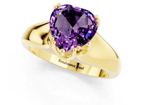 Yellow gold Heart Cut Amethyst Solitaire Ring with Wide Band and Prong Setting_1