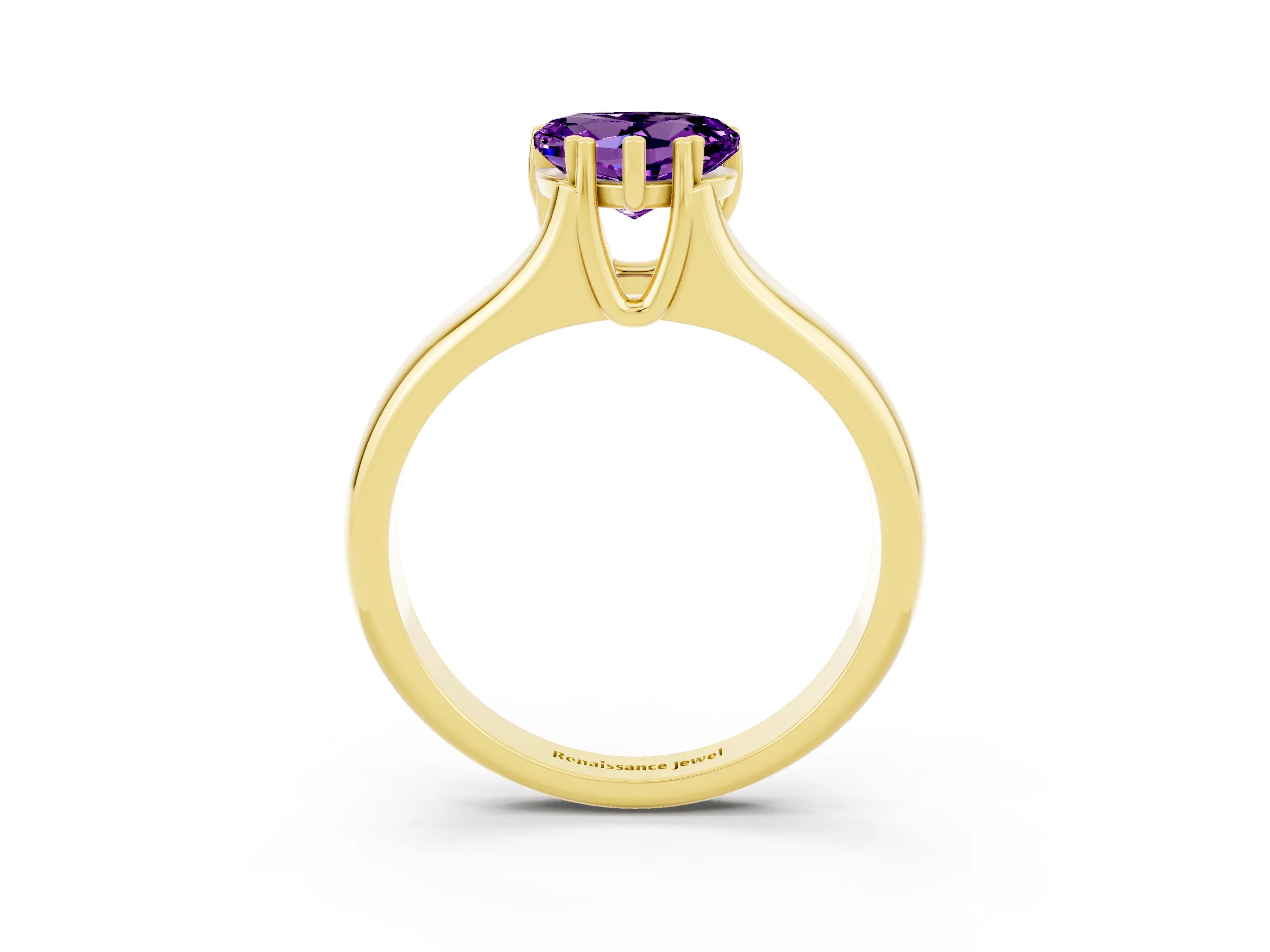Yellow gold Heart Cut Amethyst Solitaire Ring with Wide Band and Prong Setting_3