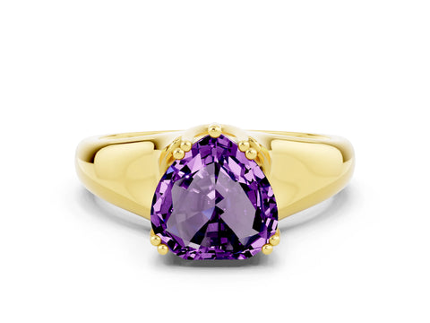 Yellow gold Heart Cut Amethyst Solitaire Ring with Wide Band and Prong Setting