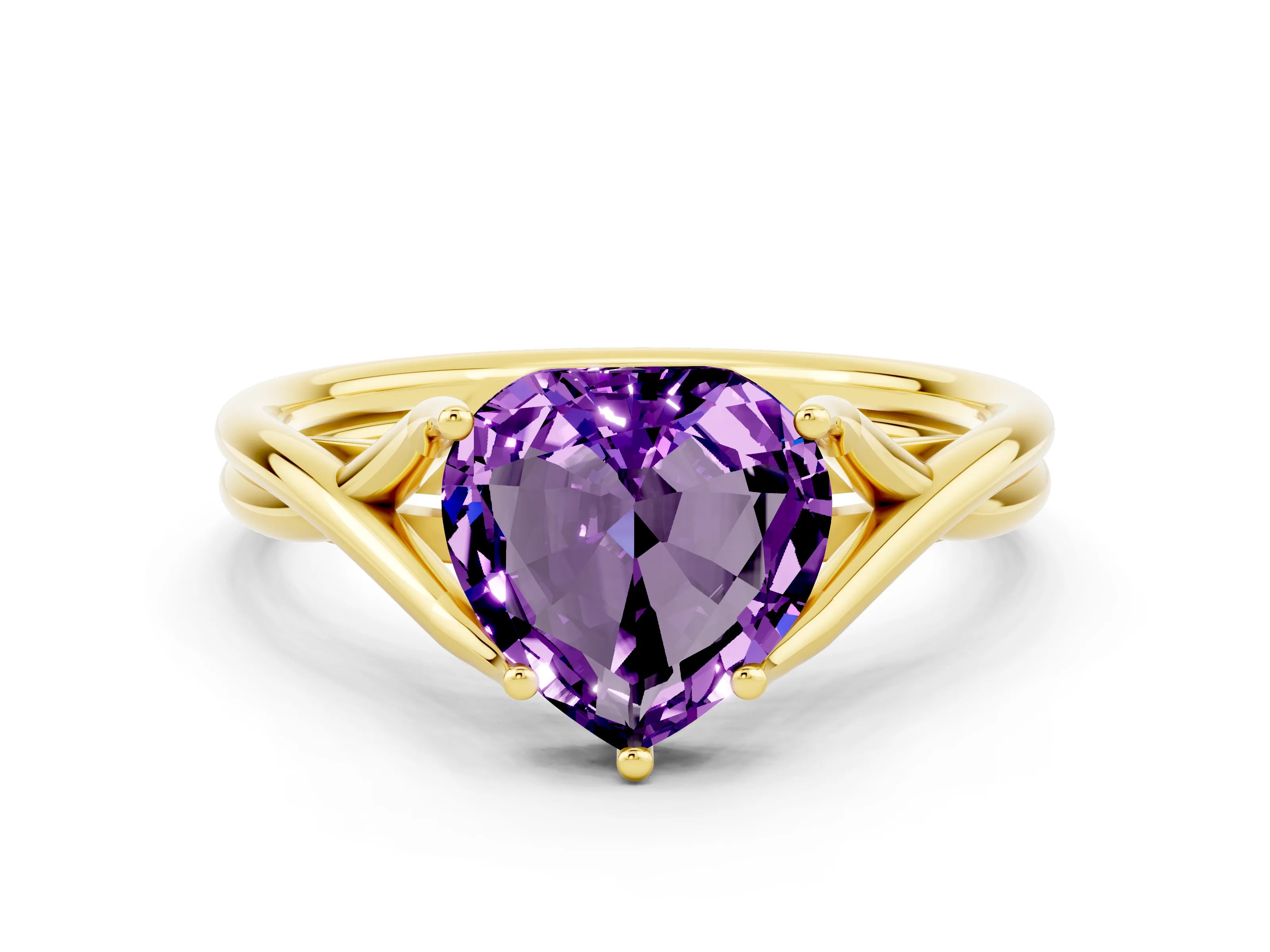 Yellow gold Heart Cut Amethyst Solitaire Twist Band Prong Setting Ring_36
