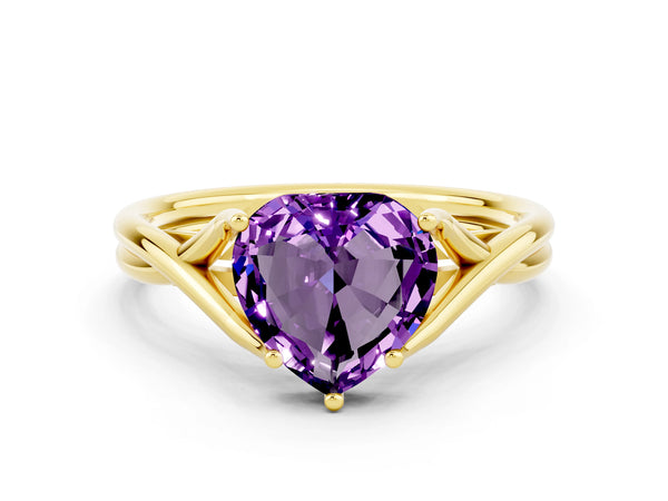 Yellow gold Heart Cut Amethyst Solitaire Twist Band Prong Setting Ring