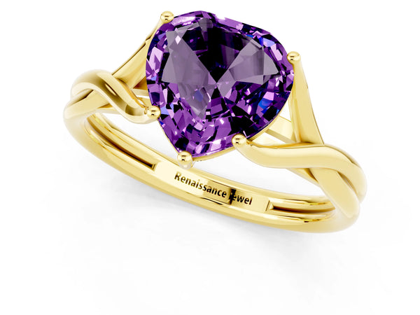 Yellow gold Heart Cut Amethyst Solitaire Twist Band Prong Setting Ring