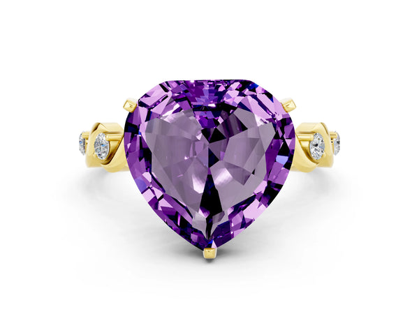 Yellow gold Heart Cut Amethyst Solitaire Twisted Band with Round  Accents and Prong Setting