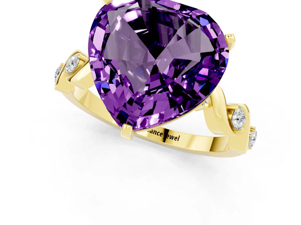 Yellow gold Heart Cut Amethyst Solitaire Twisted Band with Round  Accents and Prong Setting