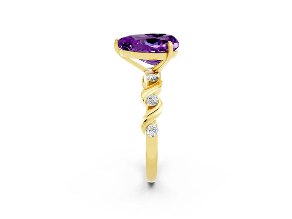 Yellow gold Heart Cut Amethyst Solitaire Twisted Band with Round  Accents and Prong Setting
