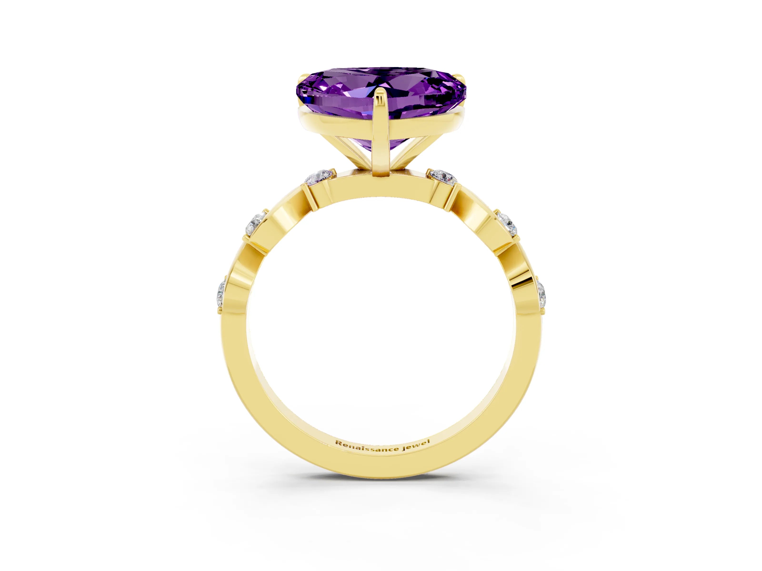 Yellow gold Heart Cut Amethyst Solitaire Twisted Band with Round  Accents and Prong Setting_15