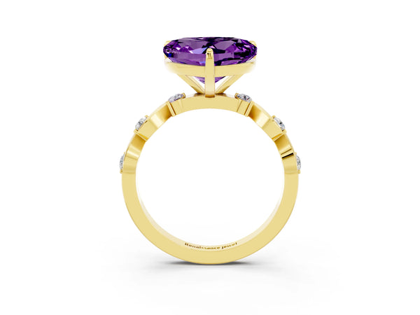 Yellow gold Heart Cut Amethyst Solitaire Twisted Band with Round  Accents and Prong Setting