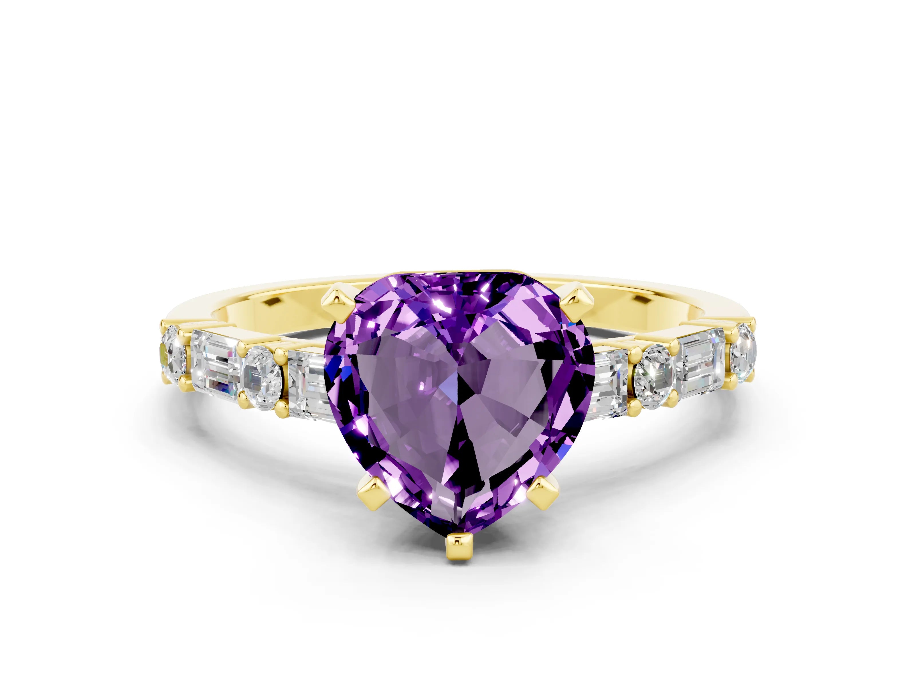Yellow gold Heart Cut Amethyst Solitaire with Side Baguettes and Channel Set Band