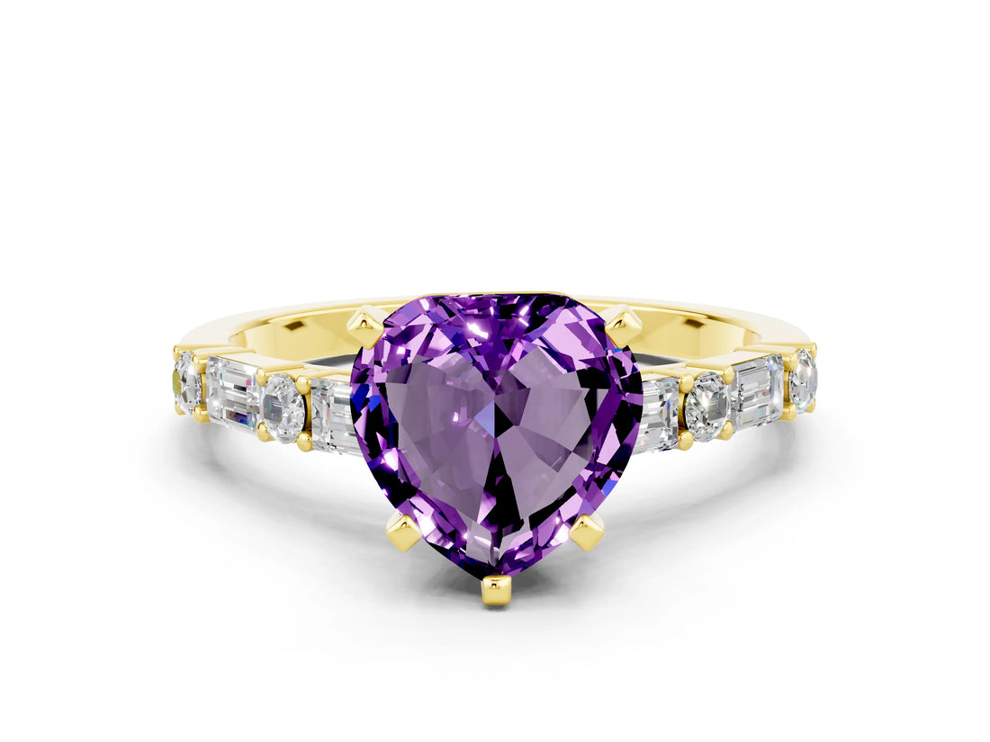 Yellow gold Heart Cut Amethyst Solitaire with Side Baguettes and Channel Set Band