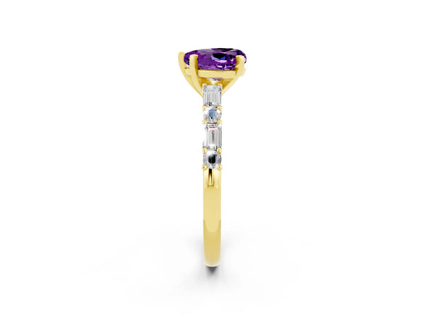 Yellow gold Heart Cut Amethyst Solitaire with Side Baguettes and Channel Set Band