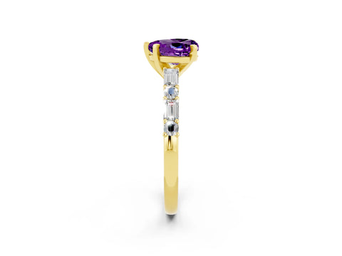 Yellow gold Heart Cut Amethyst Solitaire with Side Baguettes and Channel Set Band_2