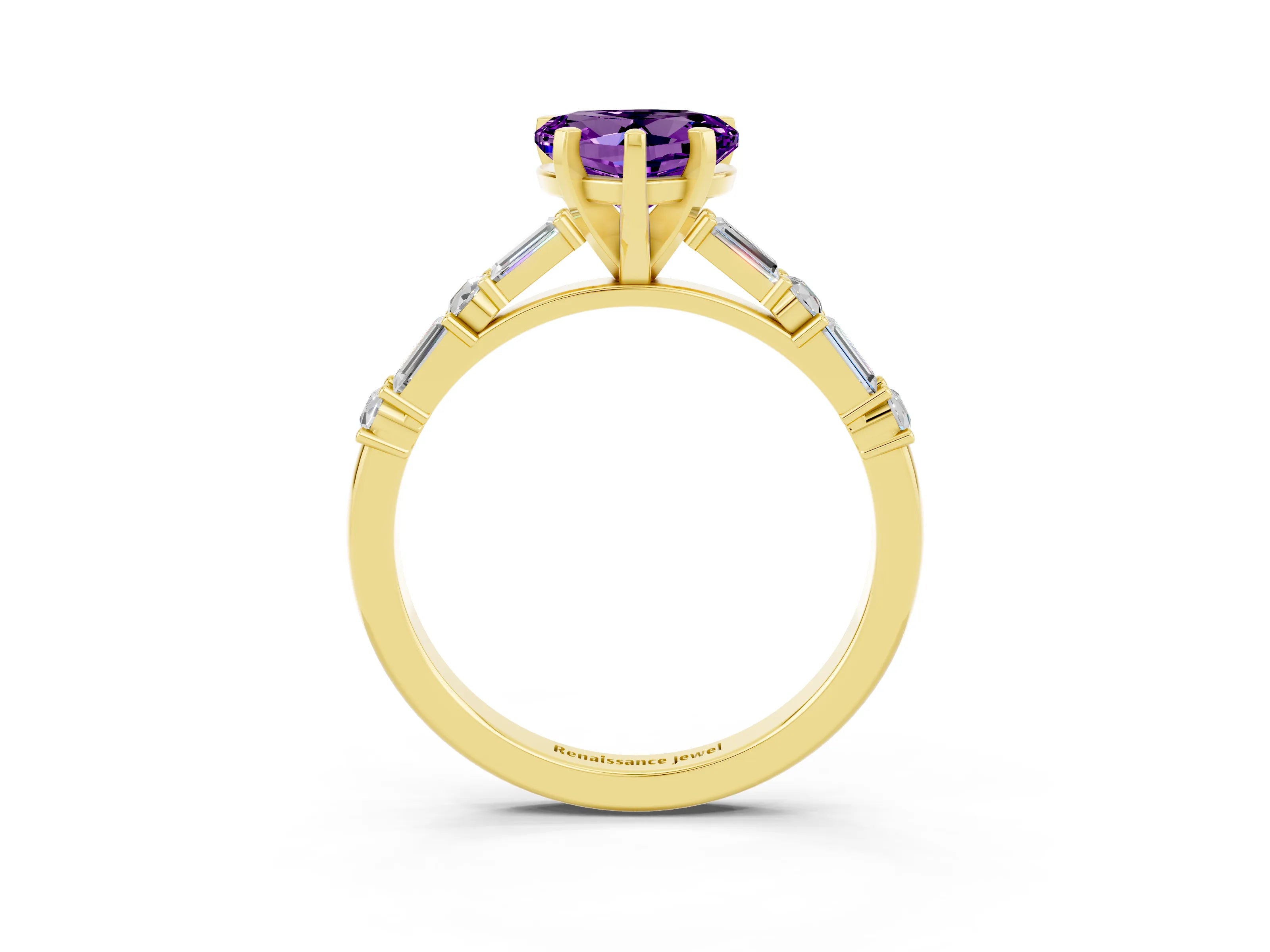Yellow gold Heart Cut Amethyst Solitaire with Side Baguettes and Channel Set Band_3