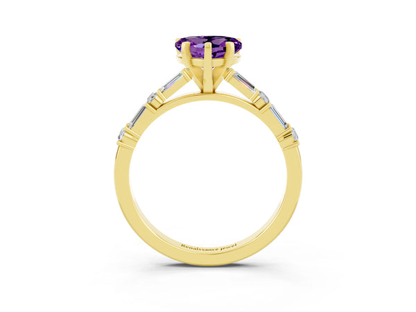 Yellow gold Heart Cut Amethyst Solitaire with Side Baguettes and Channel Set Band