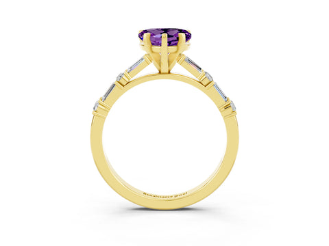 Yellow gold Heart Cut Amethyst Solitaire with Side Baguettes and Channel Set Band_3