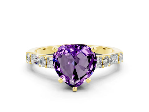 Yellow gold Heart Cut Amethyst Solitaire with Side Baguettes and Channel Set Band