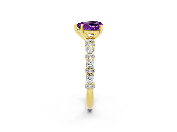 Yellow gold Heart Cut Amethyst Side Stone Solitaire Ring with Round  and Four-Prong Setting