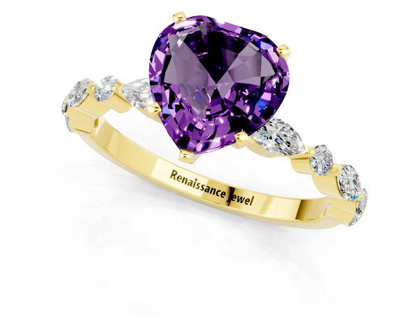 Yellow gold Heart Cut Amethyst Ring with Marquise and Round  Side Stones and Four-Prong Setting