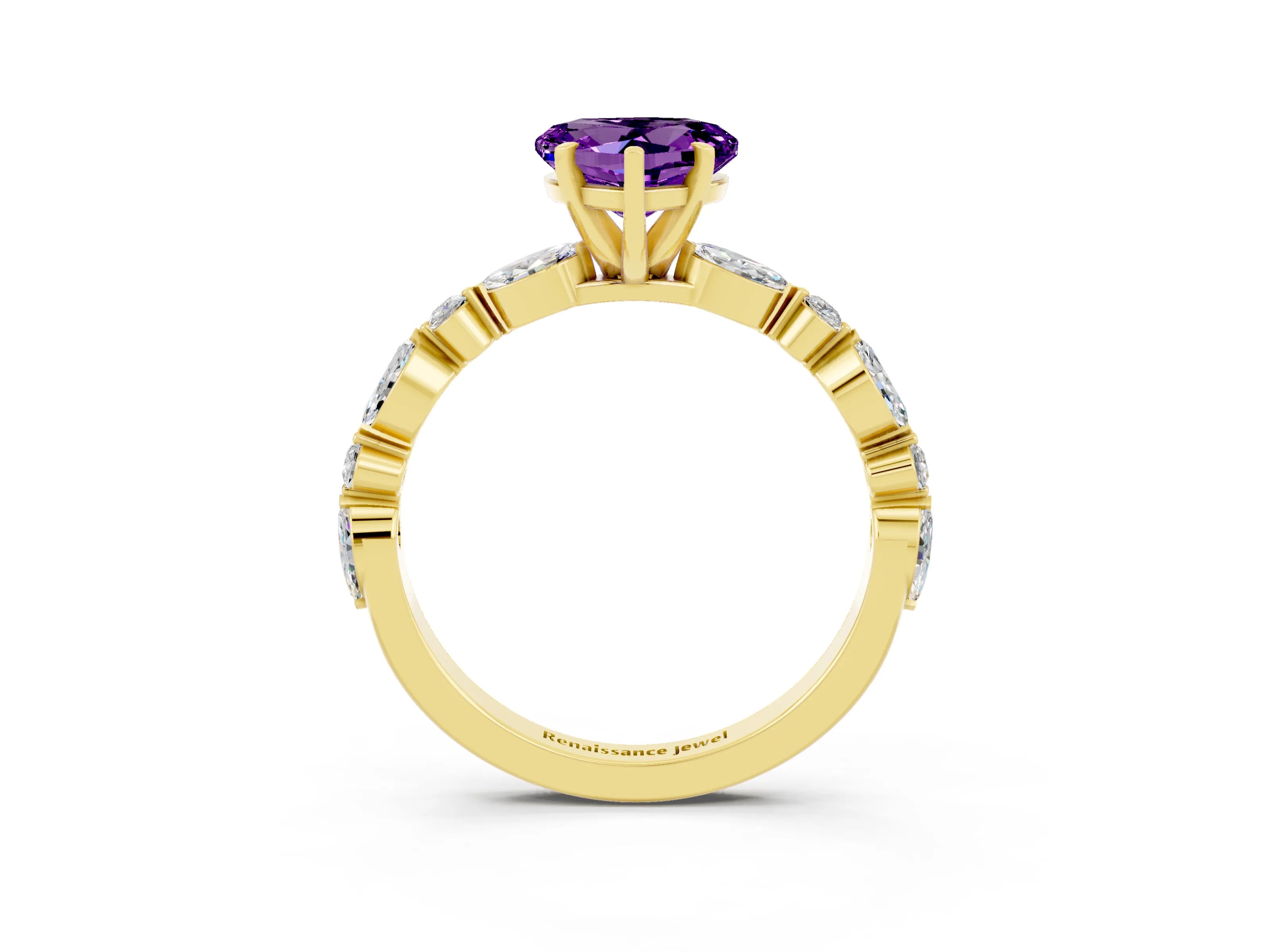 Yellow gold Heart Cut Amethyst Solitaire with Side Stones on a Pavé Band and Four-Prong Setting_3