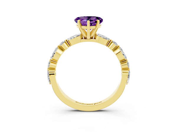 Yellow gold Heart Cut Amethyst Ring with Marquise and Round  Side Stones and Four-Prong Setting