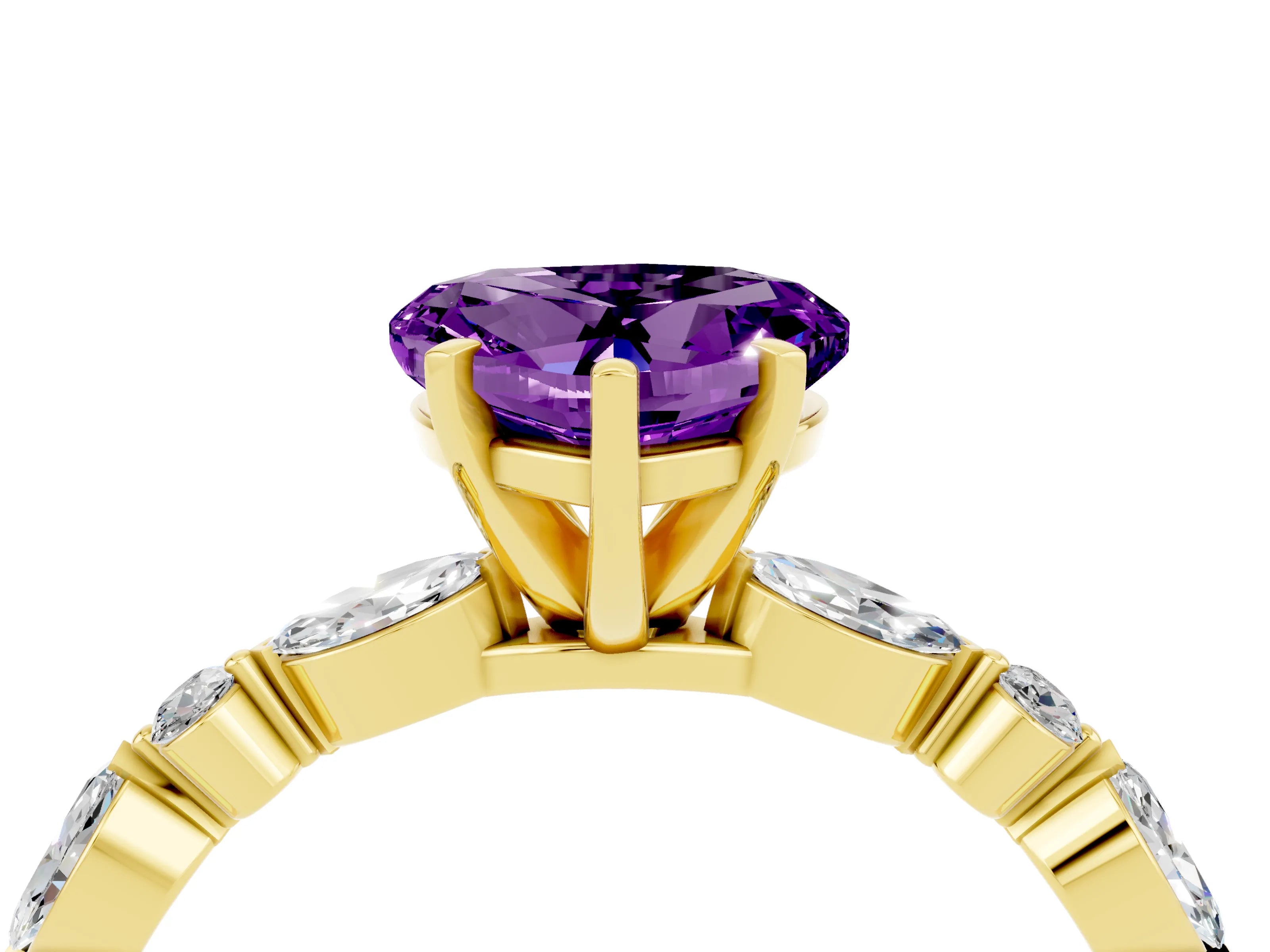 Yellow gold Heart Cut Amethyst Solitaire with Side Stones on a Pavé Band and Four-Prong Setting_4