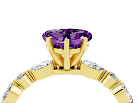 Yellow gold Heart Cut Amethyst Solitaire with Side Stones on a Pavé Band and Four-Prong Setting_4