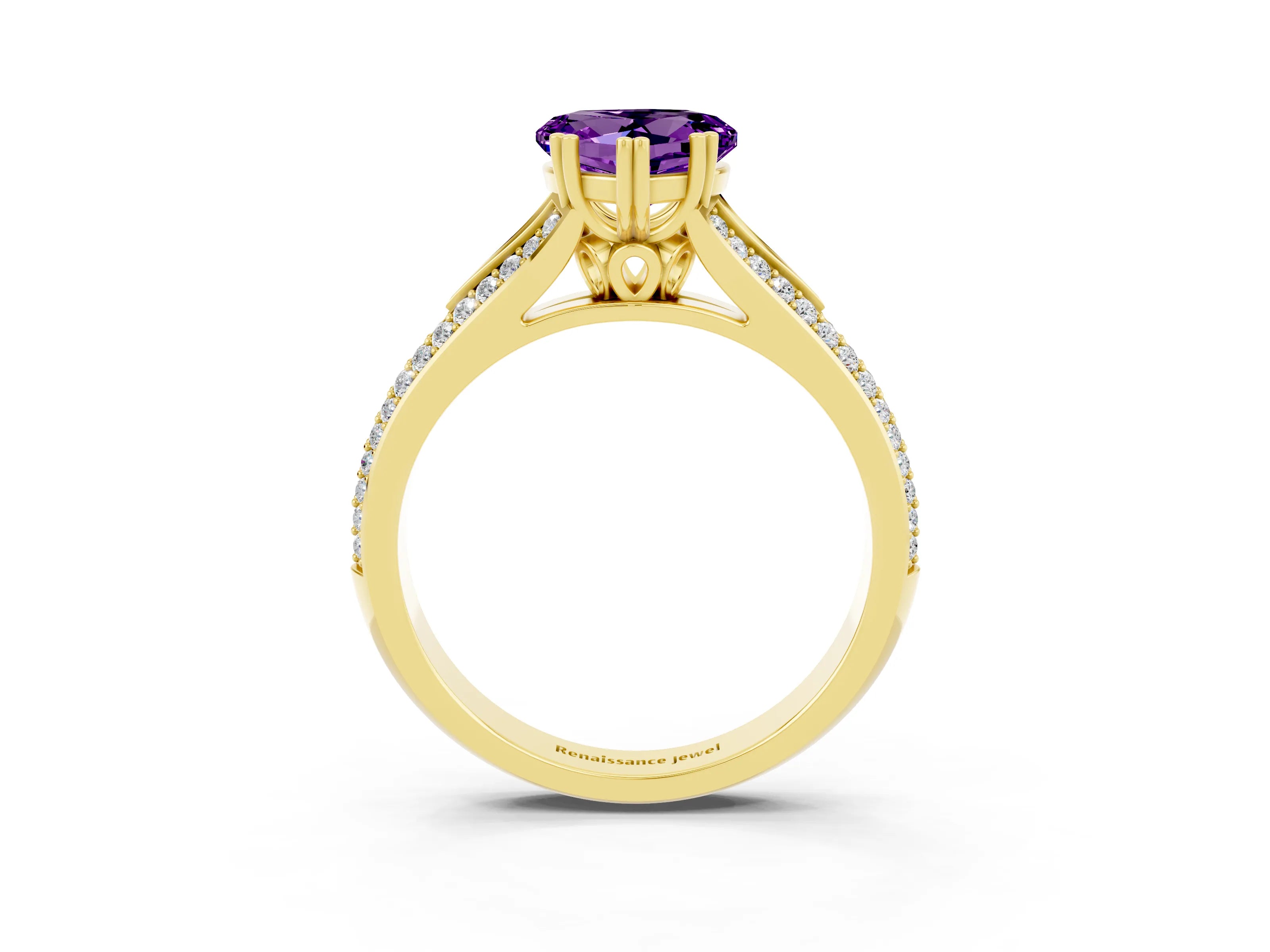 Yellow gold Heart Cut Amethyst Split Shank Engagement Ring with Pavé Band_3