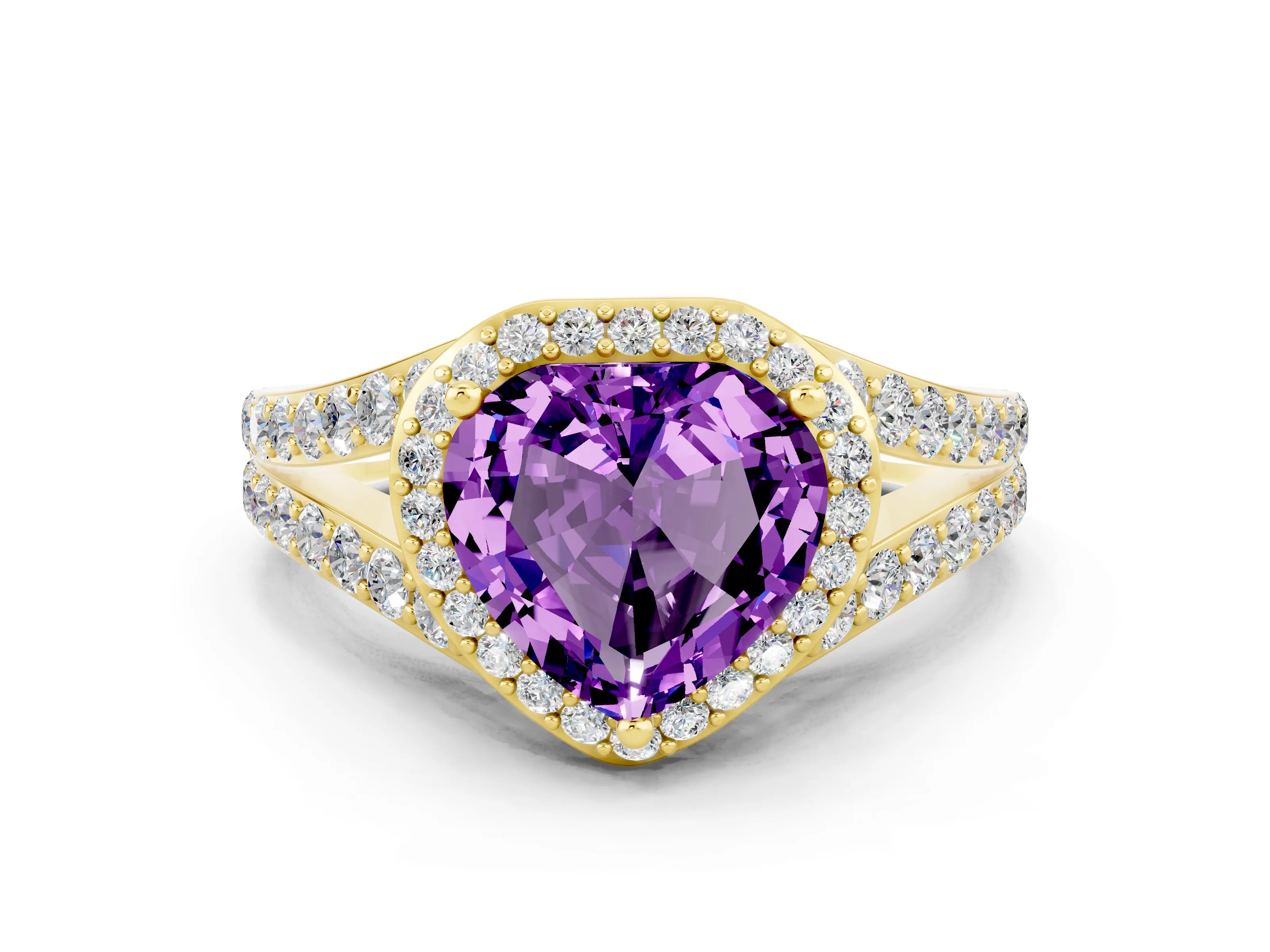 Yellow gold Heart Cut Amethyst Split Shank Halo Ring with Four-Prong Setting_12
