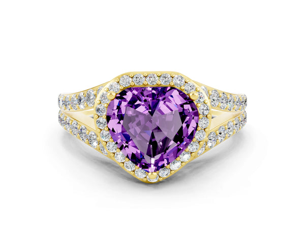 Yellow gold Heart Cut Amethyst Split Shank Halo Ring with Four-Prong Setting