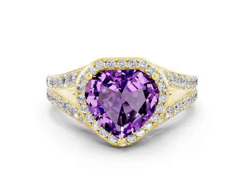 Yellow gold Heart Cut Amethyst Split Shank Halo Ring with Four-Prong Setting_12
