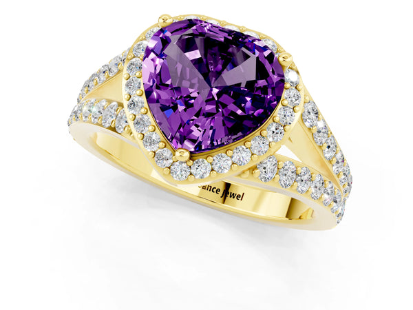 Yellow gold Heart Cut Amethyst Split Shank Halo Ring with Four-Prong Setting