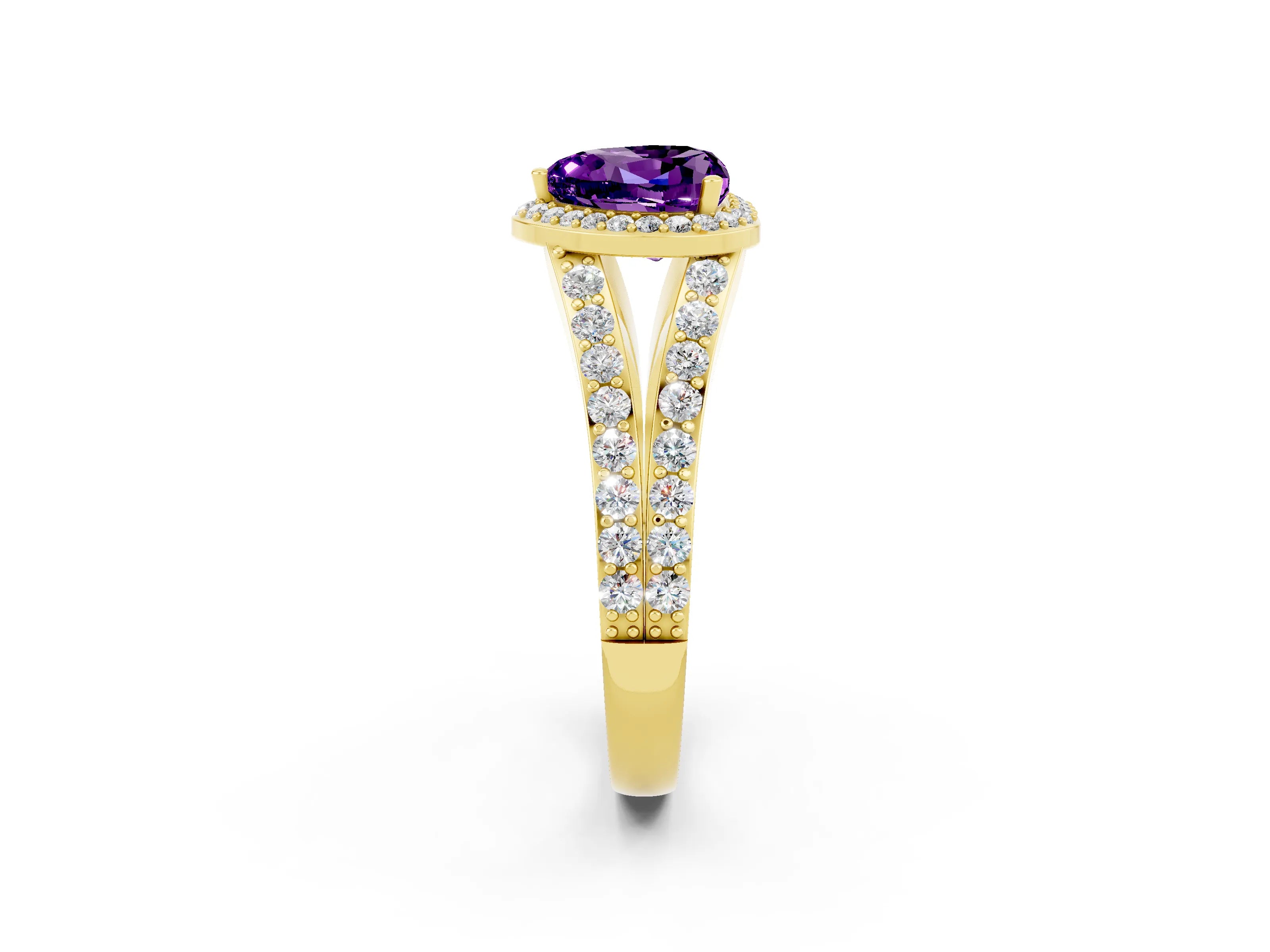 Yellow gold Heart Cut Amethyst Split Shank Halo Ring with Four-Prong Setting_14