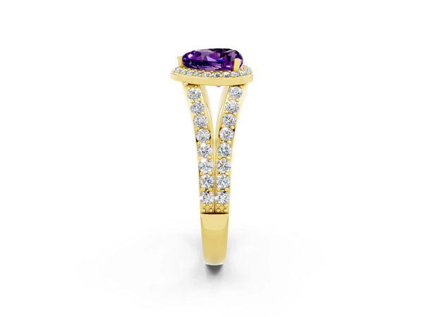 Yellow gold Heart Cut Amethyst Split Shank Halo Ring with Four-Prong Setting