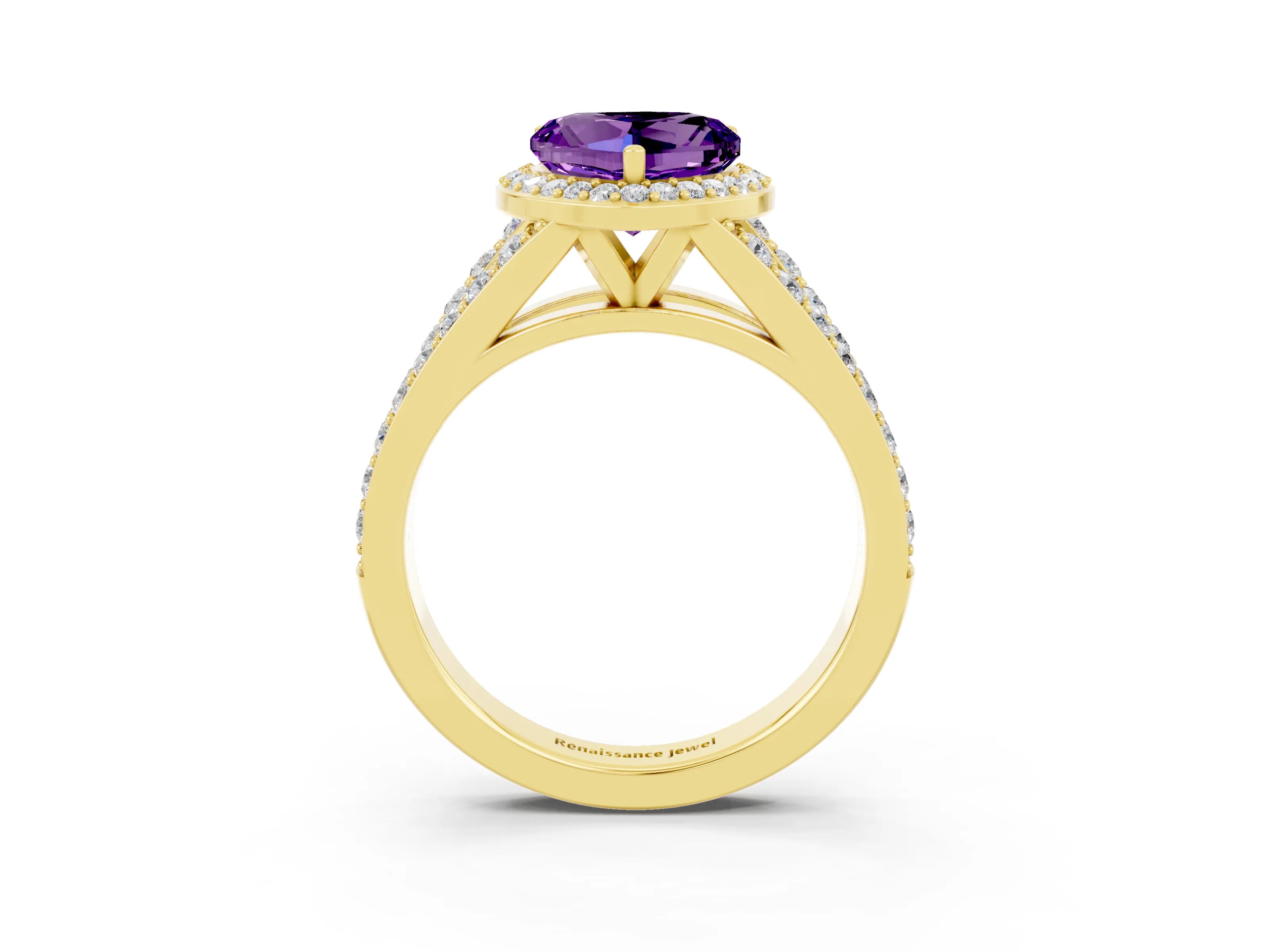 Yellow gold Heart Cut Amethyst Split Shank Halo Ring with Four-Prong Setting_15