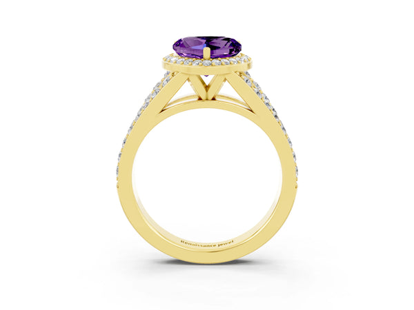 Yellow gold Heart Cut Amethyst Split Shank Halo Ring with Four-Prong Setting