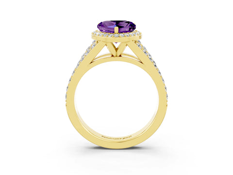 Yellow gold Heart Cut Amethyst Split Shank Halo Ring with Four-Prong Setting_15
