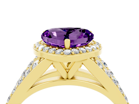 Yellow gold Heart Cut Amethyst Split Shank Halo Ring with Four-Prong Setting_16