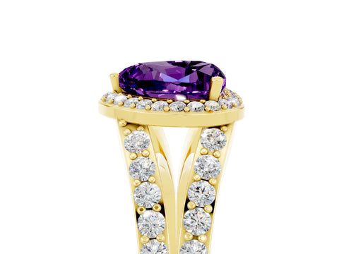 Yellow gold Heart Cut Amethyst Split Shank Halo Ring with Four-Prong Setting_17