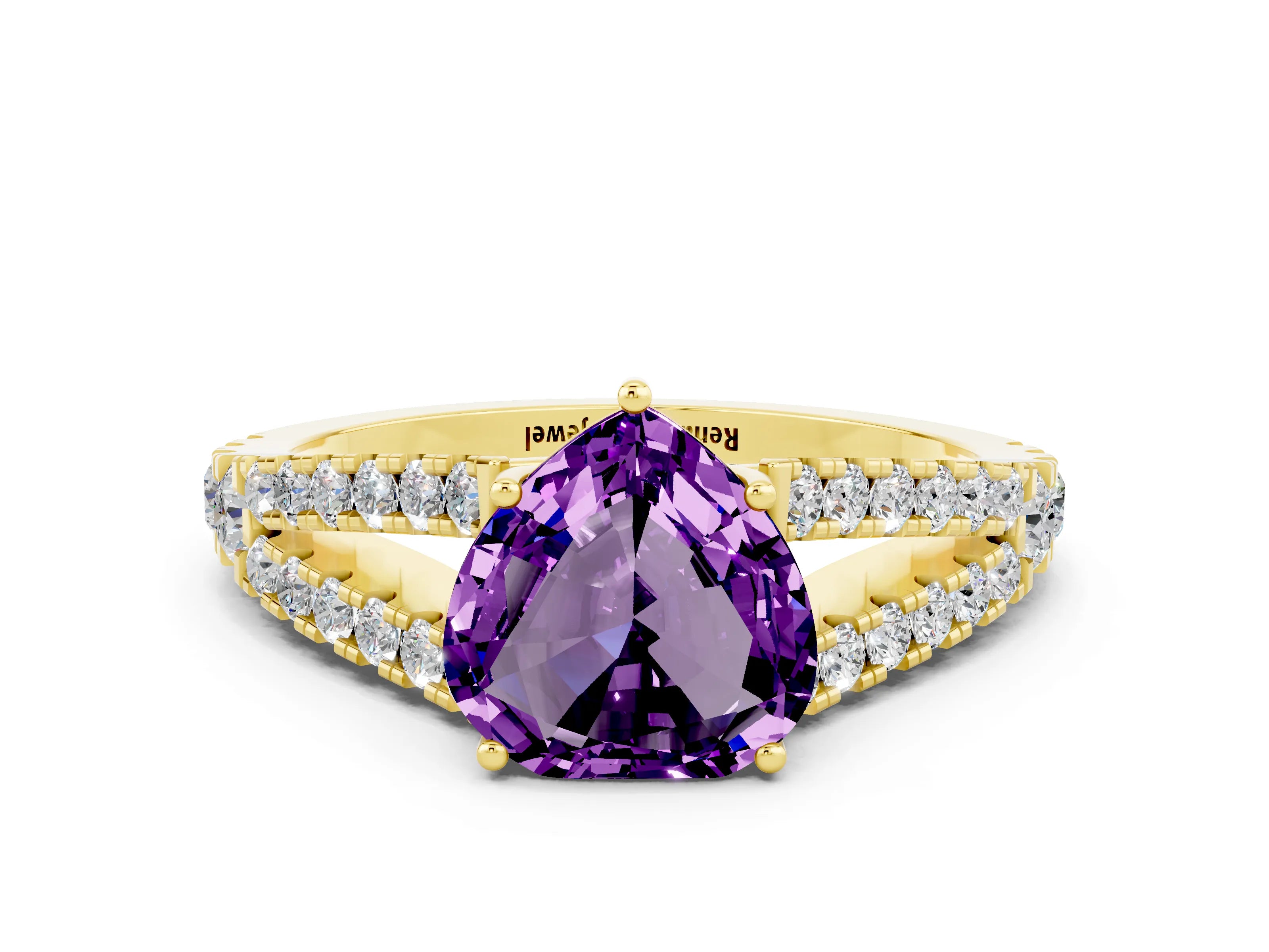Yellow gold Heart Cut Amethyst Split Shank Pavé Engagement Ring with Four-Prong Setting_12