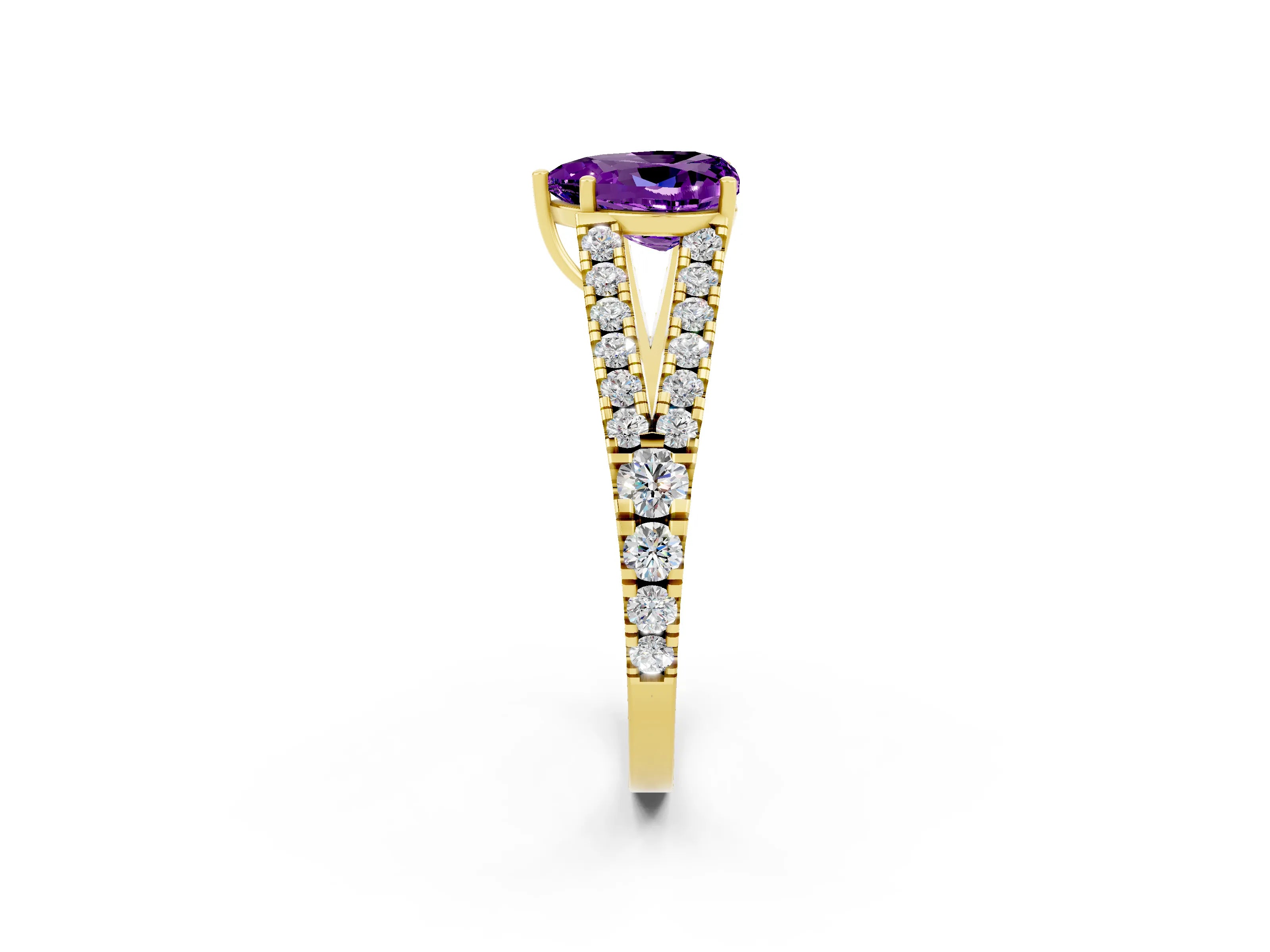 Yellow gold Heart Cut Amethyst Split Shank Pavé Engagement Ring with Four-Prong Setting_14