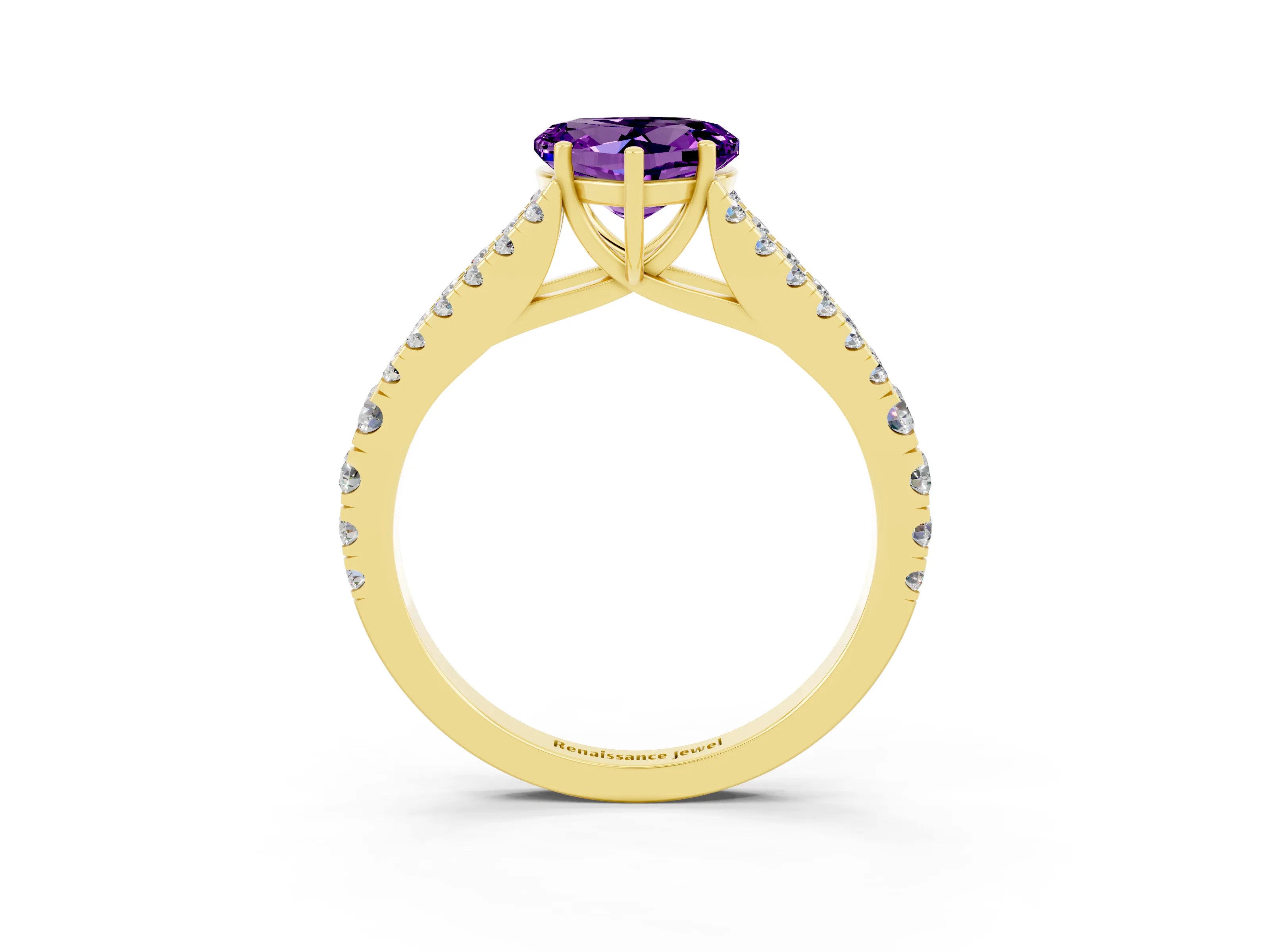 Yellow gold Heart Cut Amethyst Split Shank Pavé Engagement Ring with Four-Prong Setting_15