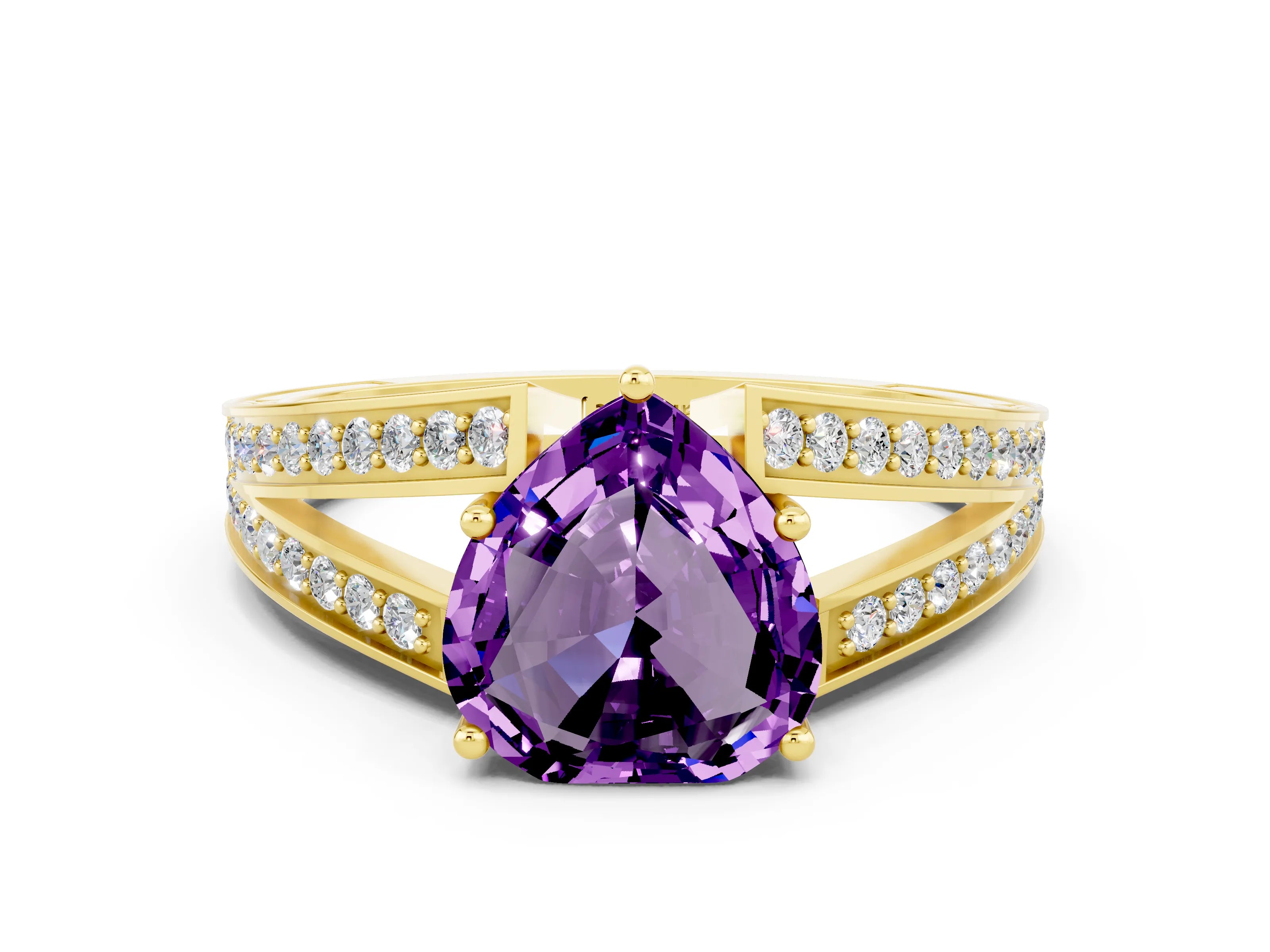 Yellow gold Heart Cut Amethyst Split Shank Ring with Pavé Band and Four-Prong Setting