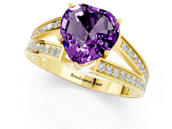 Yellow gold Heart Cut Amethyst Split Shank Ring with Pavé Band and Four-Prong Setting
