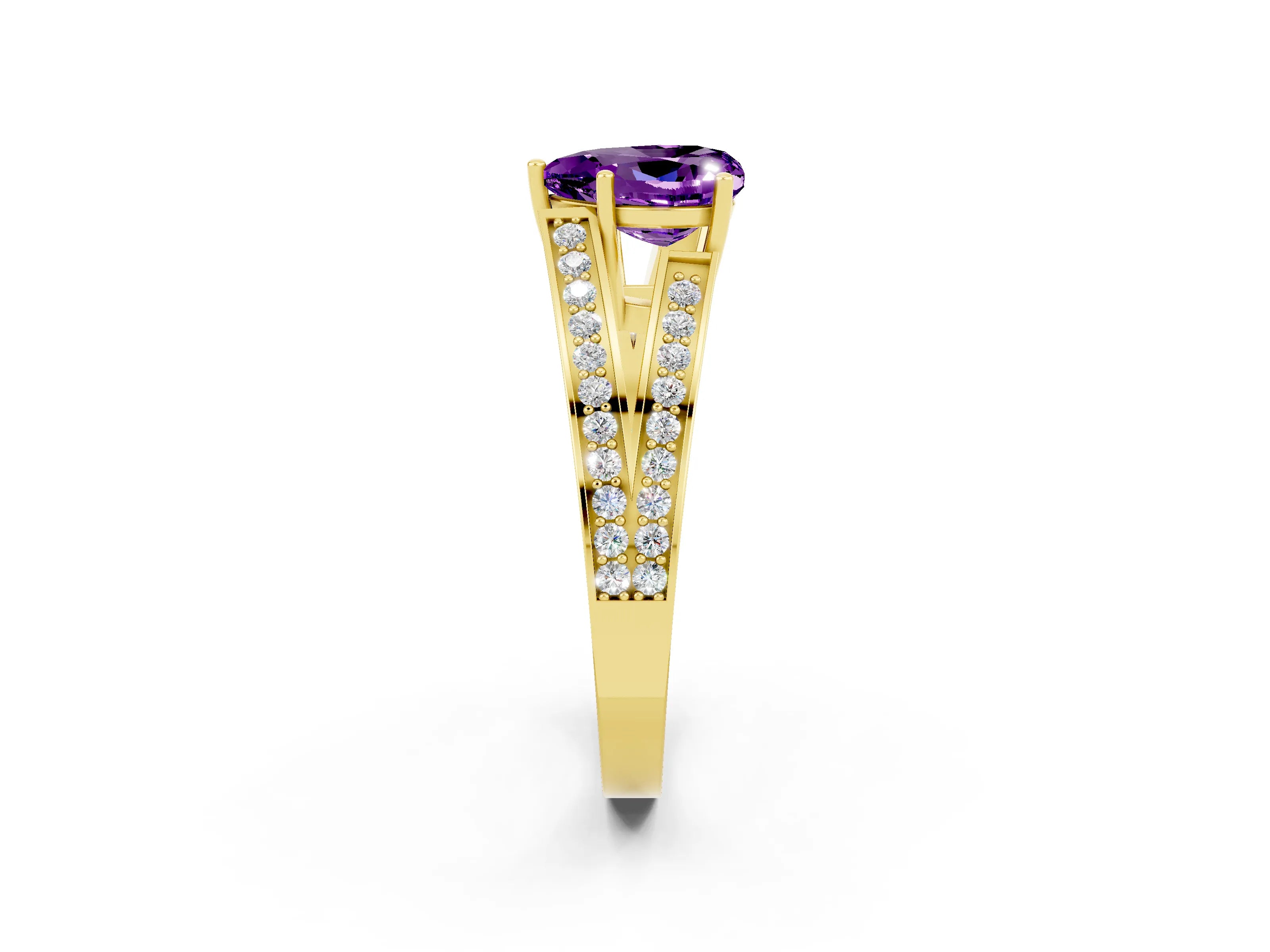 Yellow gold Heart Cut Amethyst Split Shank Ring with Pavé Band and Four-Prong Setting_2