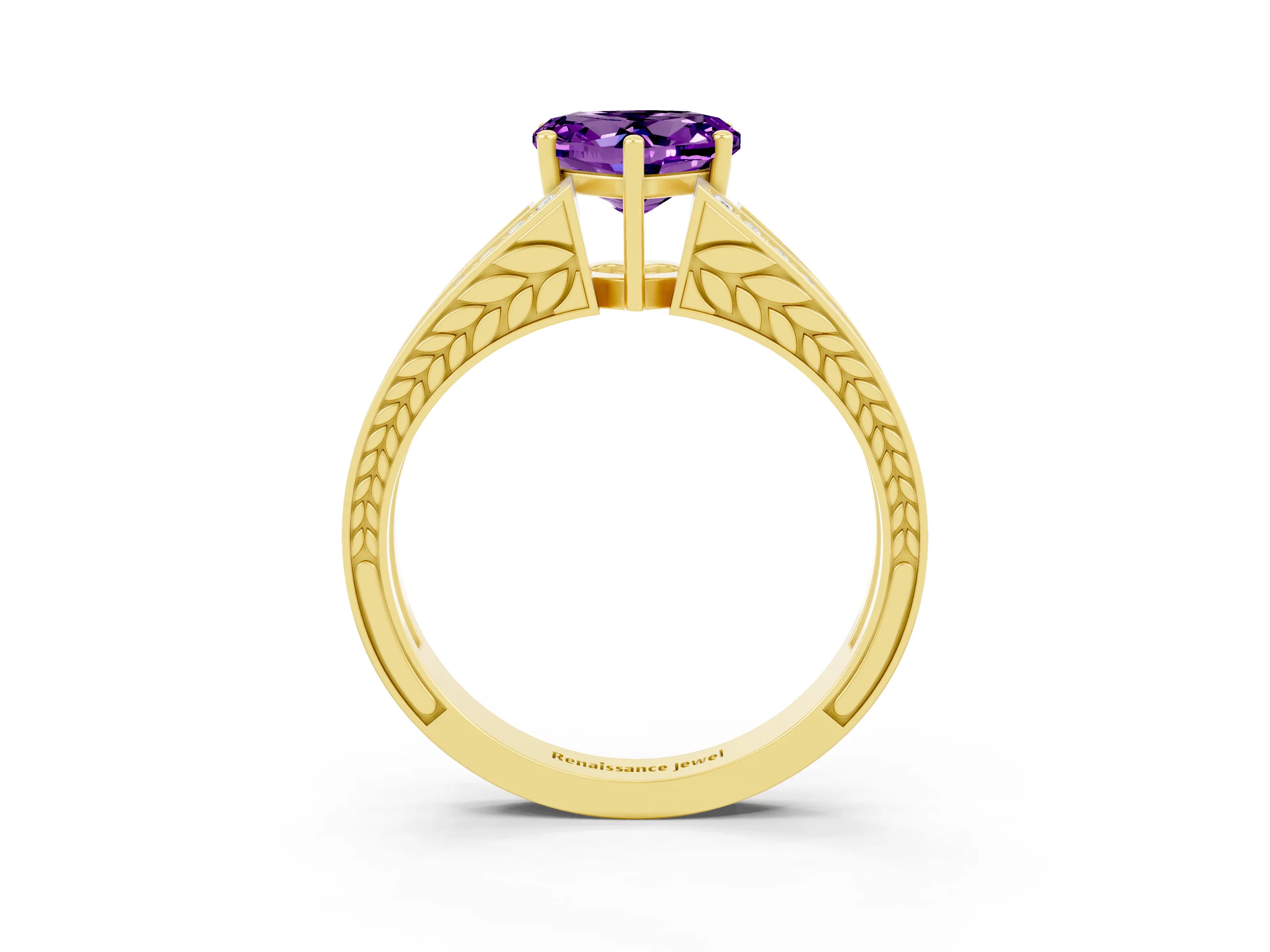 Yellow gold Heart Cut Amethyst Split Shank Ring with Pavé Band and Four-Prong Setting_3