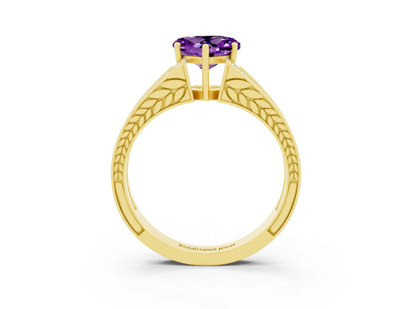 Yellow gold Heart Cut Amethyst Split Shank Ring with Pavé Band and Four-Prong Setting