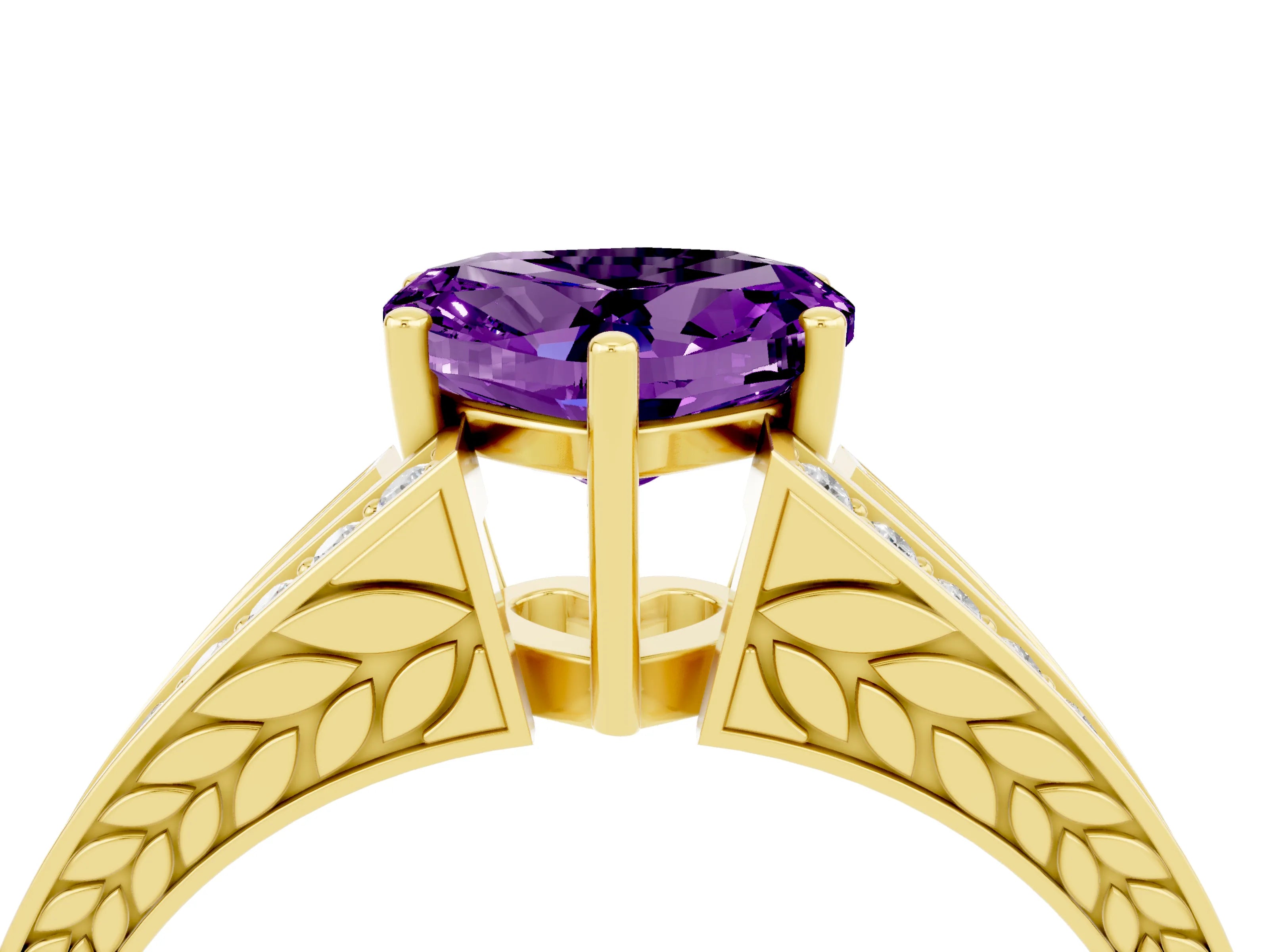 Yellow gold Heart Cut Amethyst Split Shank Ring with Pavé Band and Four-Prong Setting_4