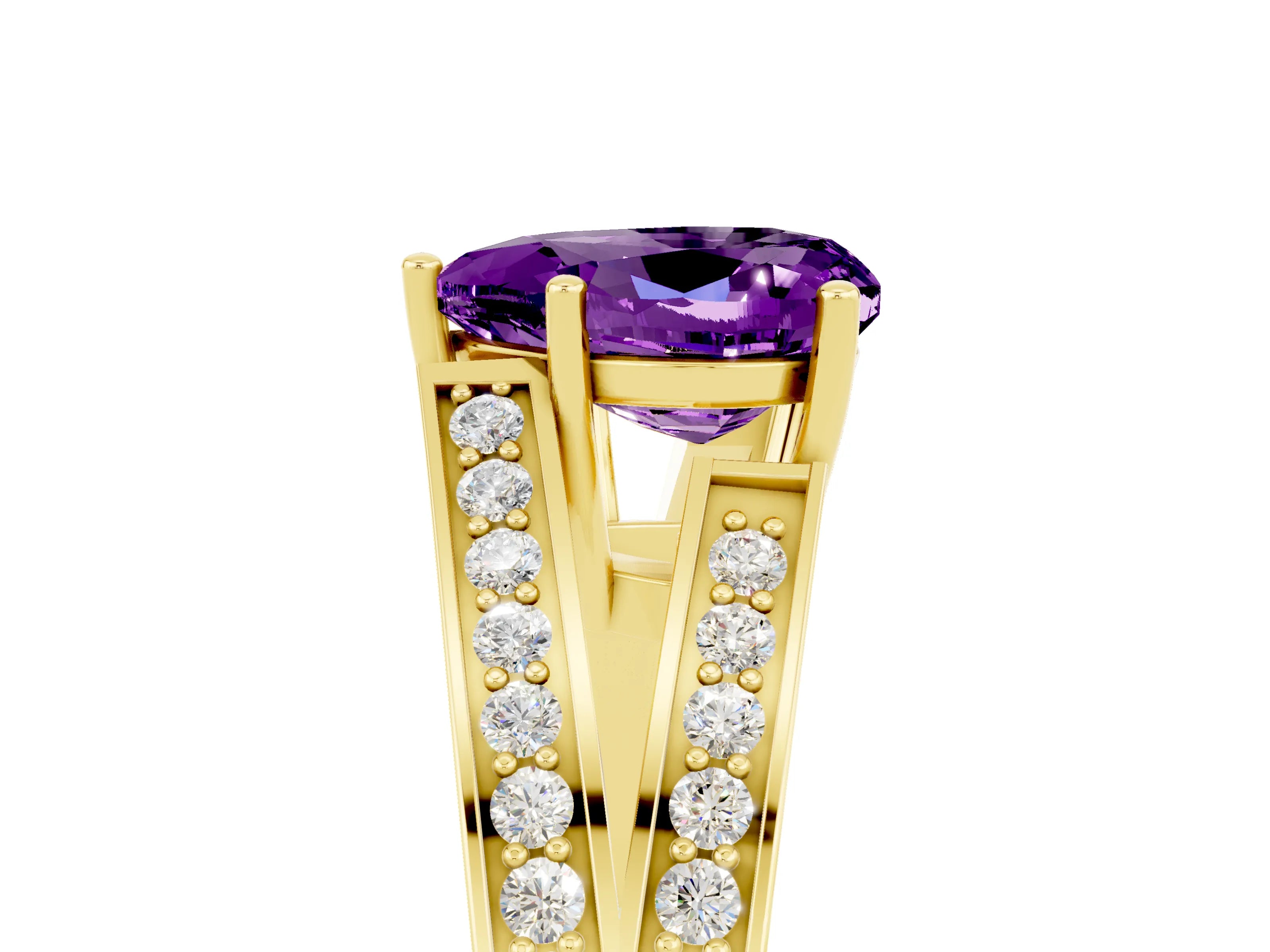 Yellow gold Heart Cut Amethyst Split Shank Ring with Pavé Band and Four-Prong Setting_5